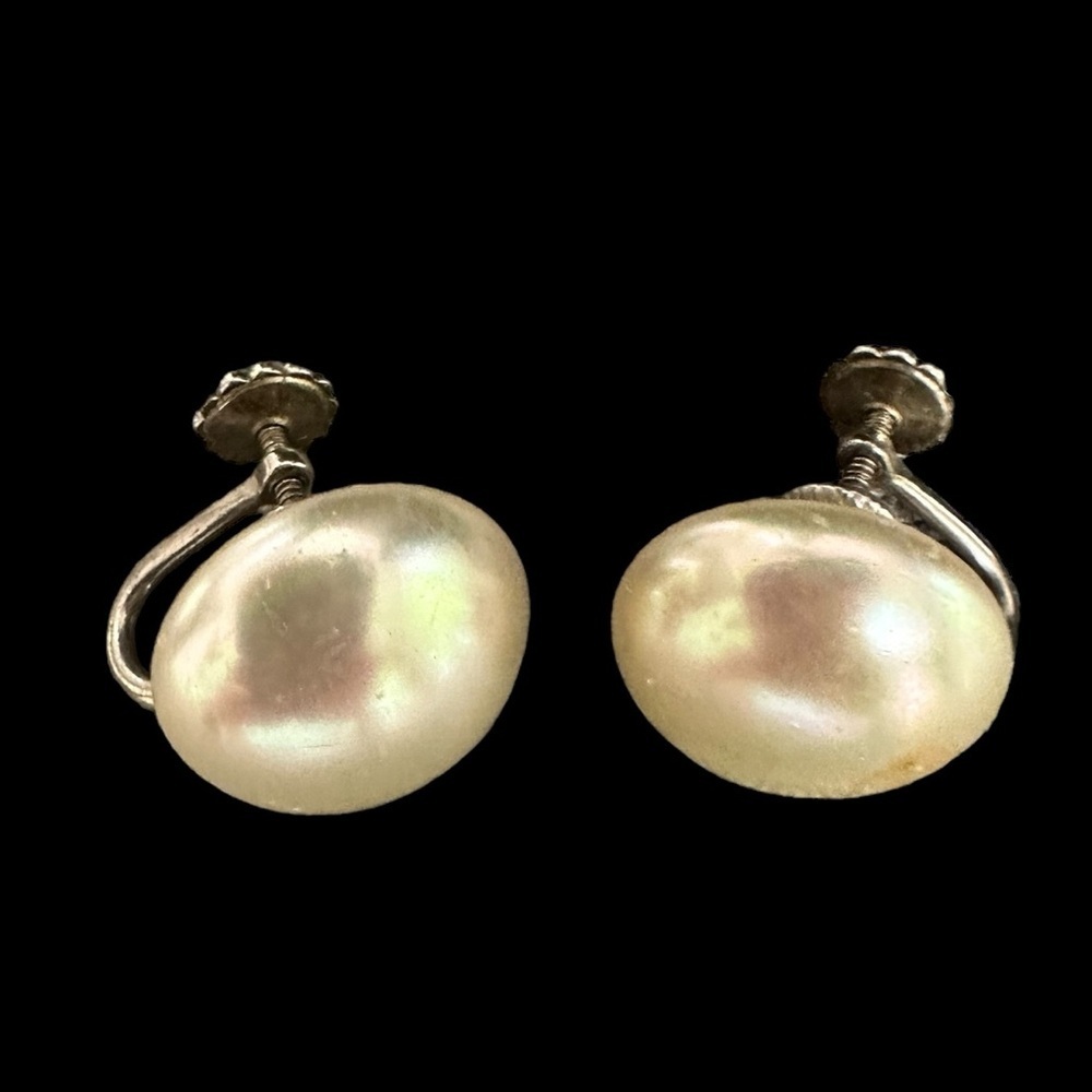 Antique Signed Vintage Richelieu Sterling Silver Faux Pearl Screw Clip Earrings